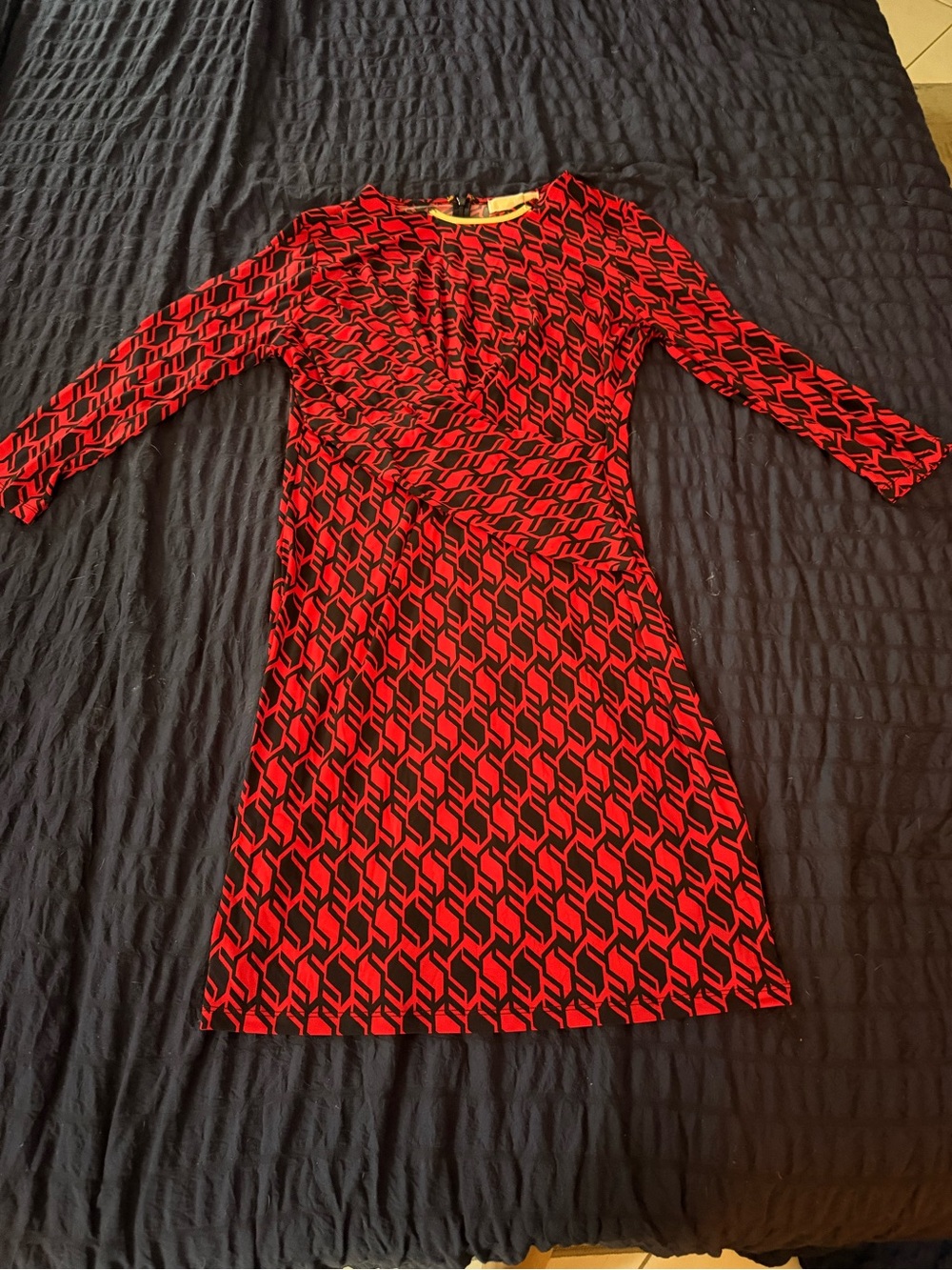 Michael Kors Red and Black Long-Sleeve Geometric Wrap Dress